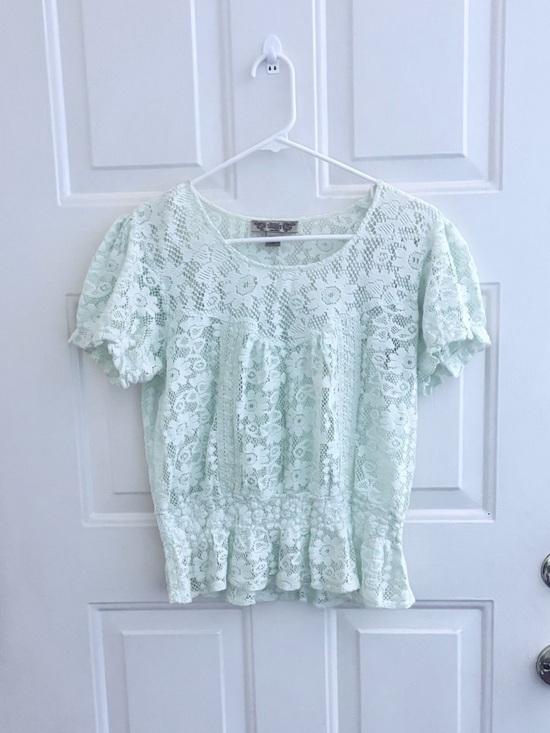 Nine West Vintage America Tops - Mint Lace Peplum Short-Sleeve Blouse